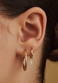 Gold-tone earrings featuring a large textured hoop and a smaller shiny hoop with a rectangular charm, displayed on a close-up ear.