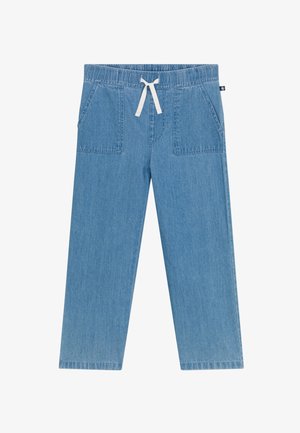 Hellblaue Jeanshose mit weitem Bein, elastischem Bund, weißem Kordelzug und großen aufgesetzten vorderen Taschen.