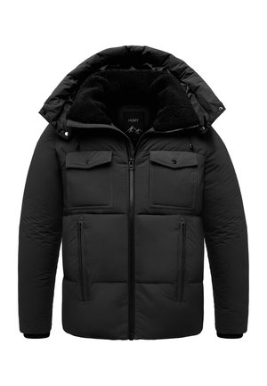 Schwarze gepolsterte Jacke mit einer mit Fleece gefütterten Kapuze, durchgehendem Reißverschluss und zwei Brusttaschen. Besitzt eine weiche Textur und ein gestepptes Design.