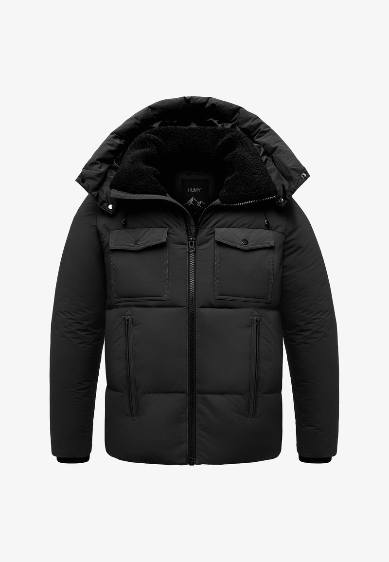 Black padded jacket with a fur-lined hood, zippered front, and two chest pockets. Features soft texture and quilted design.