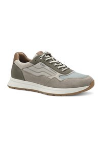 Sneaker in suede grigio e oliva con suola in gomma, dettagli crema, punta arrotondata e lacci a fantasia. Presenta un design low-top e un dettaglio con il logo.