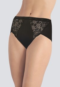 Slip neri a vita alta con bordo in pizzo e motivi floreali sui fianchi, realizzati in tessuto morbido per un comfort ottimale.