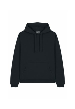 Črna kapuca s kapuco, izdelana iz mehkega materiala. Ima sprednji žep in vrvice. Ohlapen kroj z rebrastimi zapestji in robom.