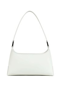 Borsa a mano in pelle bianca con forma curva, sottile tracolla e dettagli hardware neri. Texture liscia e cuciture minime.