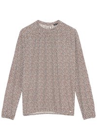 Pitkähihainen blouse kevyestä kankaasta, jossa on kukkakuosi valkoisella ja tummanpunaisella beige taustalla. Rypistetty kaula-aukko ja hihansuut.