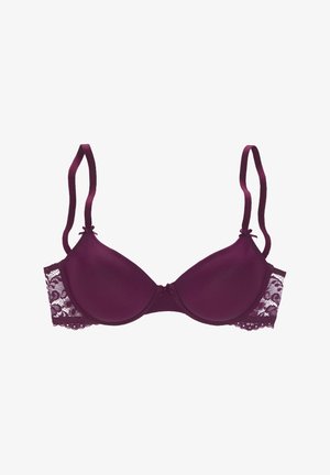 Mauve padded bra with smooth fabric and lace sides. Features adjustable straps and a decorative bow at the center front.