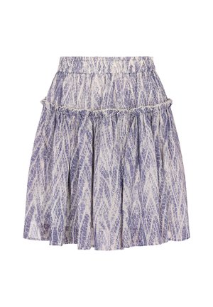 Lagana suknja do koljena s elastičnim pojasom, s apstraktnim uzorkom u bijeloj i svijetloplavoj boji te višeslojnim volanima.
