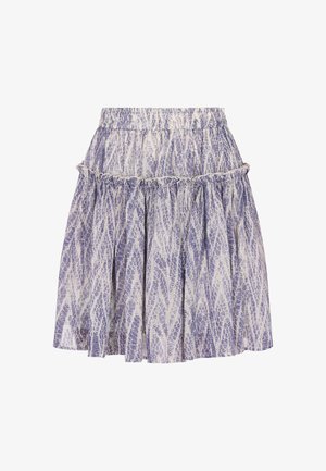 Luftig knælang nederdel med elastisk talje, prydet med et hvidt og lyslilla abstrakt mønster og lagdelte volanger hele vejen igennem.