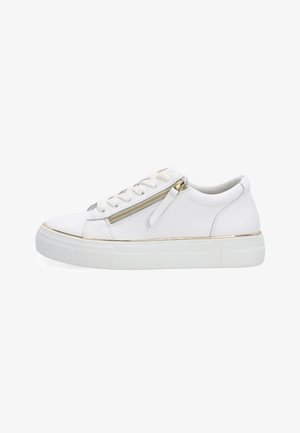 White low-top sneaker with lace-up front, side zipper, and thick white sole with gold trim detail.
