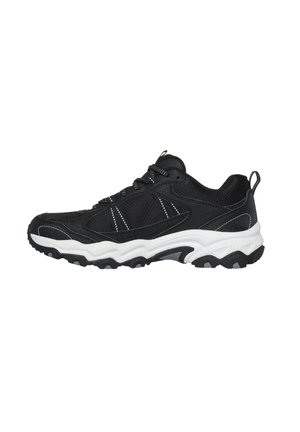 Black athletic shoes with a mesh upper, white midsole, textured outsole, and reflective accents. Features a padded collar and lace-up closure.