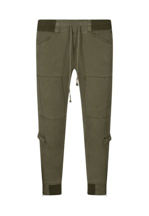 Pantalon cargo vert olive avec taille à cordon, poches plaquées devant, poches à rabat sur les côtés, poignets côtelés aux chevilles et détails zippés.