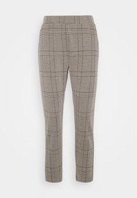 Calças de cintura alta em padrão de pied-de-poule cinza claro e preto com perna afunilada. Feitas de um tecido suave e texturizado.