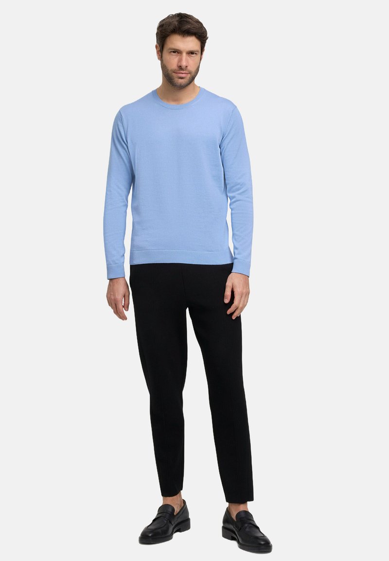 Maglione azzurro chiaro a maniche lunghe con scollatura rotonda, abbinato a pantaloni neri a sigaretta e scarpe nere. Tessuto morbido, vestibilità casual.