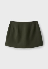 Dark green, straight-cut mini skirt with minimal seam details, displayed on a plain light gray background.