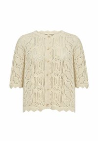 Korte mouwen cardi in licht crème, met een getextureerd breipatroon, ronde halslijn, golvende randen en knoopsluiting aan de voorkant.