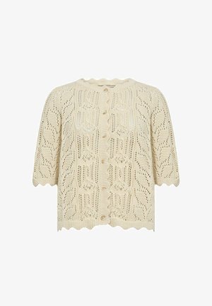 Cardigan a maniche corte in crema chiaro, con un motivo a maglia testurizzata, scollatura rotonda, bordi scallop e chiusura con bottoni sul fronte.