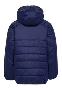 Mörkblå pufferjacka med huva, quiltad design, elastiska ärmar och en rund, samlad huva. Slät, glänsande yta med lätt isolation.