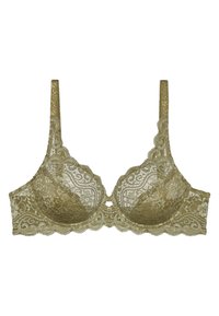 Soutien-gorge en dentelle ton doré avec des motifs floraux complexes, des bonnets sans couture et des bretelles fines et ajustables. Présente un bord festonné et un accent central.