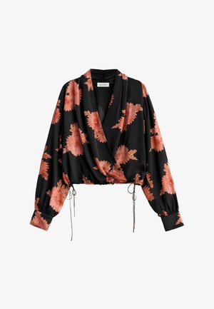 Mustast kangast pluus pikkade paisutatud varrukatega, oranži lillemustriga, elastse alaosaga, millel on paelad, ning laiad mansetid.