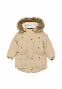 Beige parka med en huva i pälsfoder, framsnappar, två stora fickor och bruna detaljer. Mjuk innervaddering för värme.