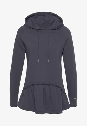 Dunkelgrauer Hoodie aus Baumwollmischgewebe. Mit gerafftem Saum, langen Ärmeln und verstellbarem Kordelzug; goldfarbene Hardware-Details.