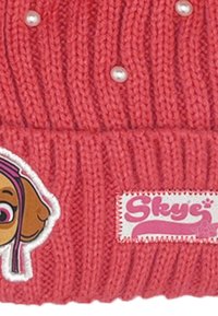 Roze gebreide muts met ribbelstructuur, versierd met witte nepparels. Bevat een cartoon hondenpatch en een rechthoekig label met de naam "Skye."