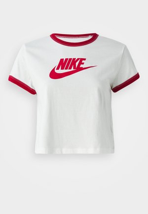 White cotton cropped t-shirt with red ribbed collar and sleeve hems, featuring a large red Nike logo on the front.