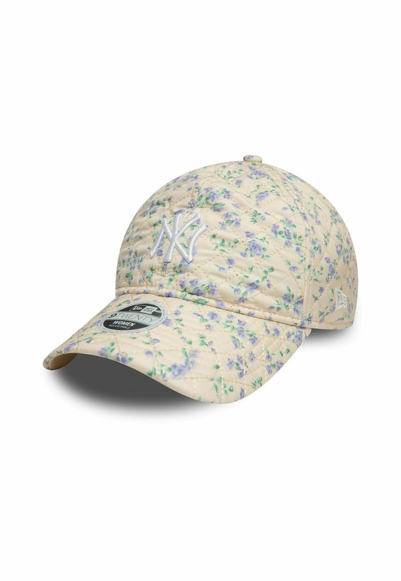 Beige gesteppte Mütze mit einem floralen Muster in Lila und Grün. Verfügt über ein weißes gesticktes Logo und einen gebogenen Schirm.