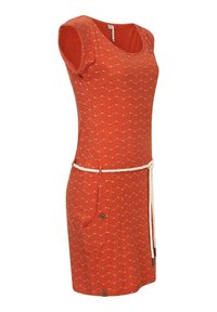 Rotes Kleid mit kurzen Ärmeln, strukturiert mit einem Zickzackmuster. Verfügt über einen Taillenzug und eine Seitenasche mit einem Knopfdetail.