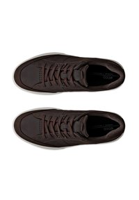 Pair of dark brown leather lace-up sneakers with white soles, viewed from above on a white background.