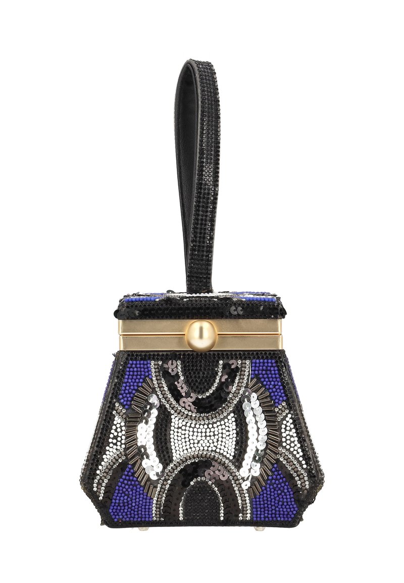 Perlenbesetzte Clutch-Handtasche in Schwarz, Silber und Blau mit geometrischen Mustern, goldfarbenen Beschlägen und einem schwarzen Lederband. Sechseckige Form.