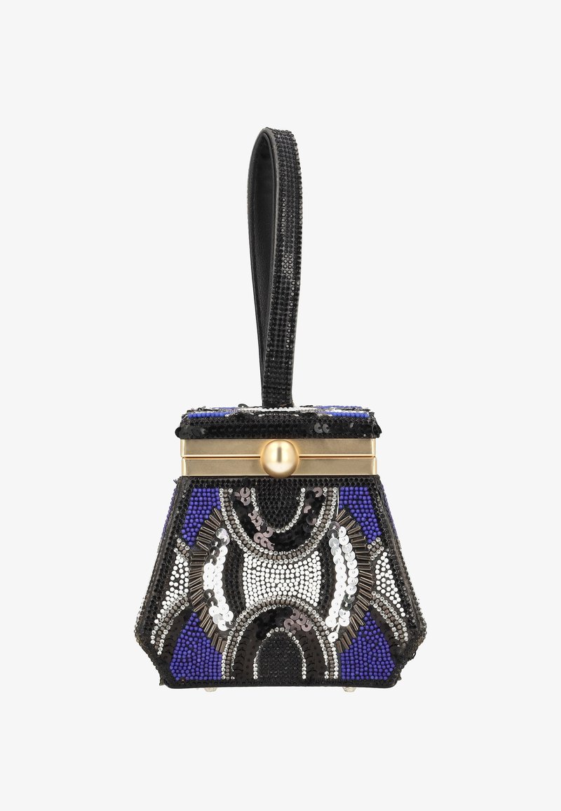 Perlenbesetzte Clutch-Handtasche in Schwarz, Silber und Blau mit geometrischen Mustern, goldfarbenen Beschlägen und einem schwarzen Lederband. Sechseckige Form.