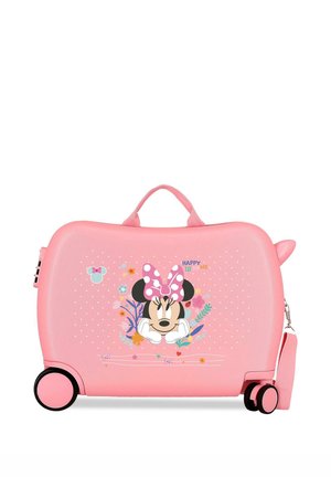 Maleta con ruedas para niños de color rosa, con Minnie Mouse con un lazo rosa con lunares, detalles florales y el texto "Feliz de ser yo."