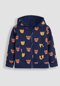 Felpa con zip color navy, realizzata in tessuto morbido, caratterizzata da motivi colorati di volti di animali, due tasche frontali e un cappuccio accogliente.