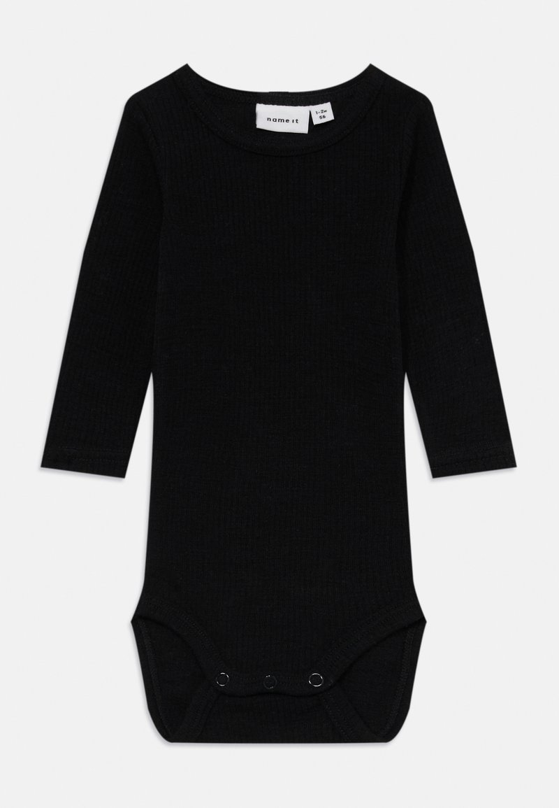 Melnā ribota garām piedurknēm bodijs ar apaļu izgriezumu un trim ieliekamām aizdarem apakšā, lai viegli uzvilktu. Mīksta, elastīga auduma.