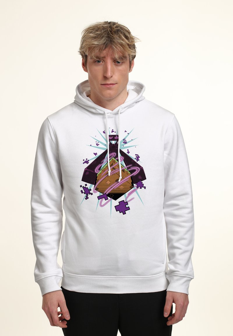 Felpa bianca con un vivace grafico di un oggetto marrone con accenti viola e raggi blu, che mostra un design giocoso.