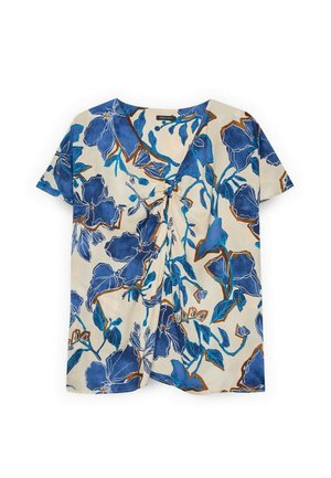 Beige blouse met korte mouwen, grote blauwe en bruine bloemenprint en een centrale twistdetail onder de V-hals.