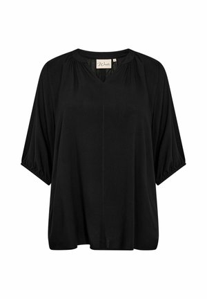 Black loose-fitting top with short, gathered sleeves and a V-neckline. Soft fabric with subtle texture and a central seam detail.