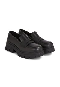 Scarpe slip-on nere con piattaforma, realizzate in pelle liscia e dotate di una fascia elastica texturizzata. Suola in gomma spessa con design a scolpitura per una buona aderenza.