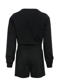 Zwarte jumpsuit met lange mouwen, voorzien van een achterkant ontwerp, elastische tailleband en korte broekspijpen. Glad stof zonder zichtbare patronen of accenten.