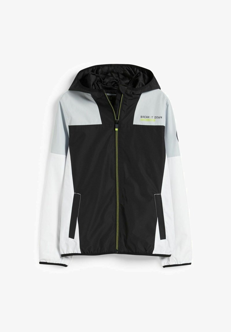 Lightweight windbreaker jacket with a black body, gray sleeves, and white accents. Features a hood, full zipper, and "BREAK IT DOWN" text.