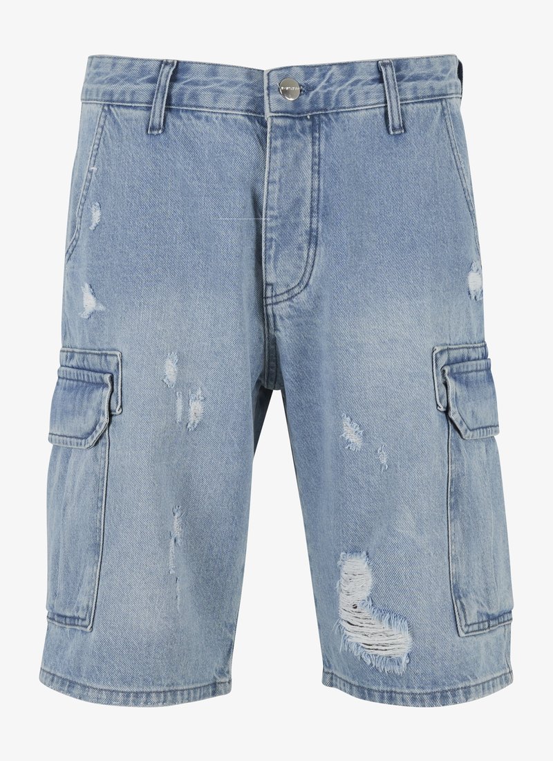 Helle Jeans-Cargo-Shorts in Blau mit Distressed-Details, Knopfverschluss, Seitentaschen und bequemer Passform.
