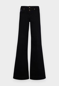 Black flared jeans made of cotton blend fabric, featuring two front pockets, double button closure, and a slight sheen on a crisp finish.