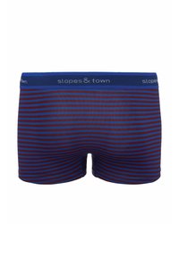 Bokserki w paski w odcieniach niebieskiego i burgundowego, z jednolitym niebieskim pasem z logo 'slopes & town'. Miękka, elastyczna tkanina.