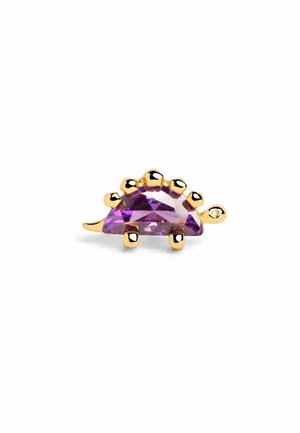 Broche en forma de dinosaurio bañado en oro, con un diseño de gema triangular púrpura, picos redondeados y patas pequeñas.