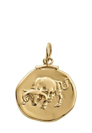 Colgante de oro con un diseño de toro elevado sobre un disco redondeado. Superficie lisa con un acabado pulido y un lazo en la parte superior para su sujeción.