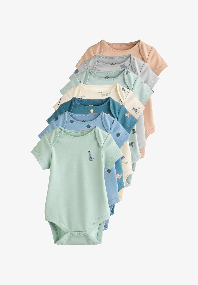 Set šestih bodijev za dojenčke s kratkimi rokavi v različni pastelnih barvah: metina zelena, bež, siva, svetlo modra in smetana. Ponuja igrive vzorce in motivi.