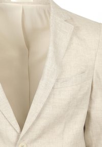 Lichtbeige linnen blazer met een visgraatpatroon, notch-lapels, een enkele knoopsluiting en een gladde crème kleurige voering.
