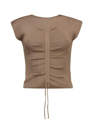 Bruine geribde mouwloze top met geplooide voorkant, aangesnoerd met verstelbare trekkoorden aan de zoom.