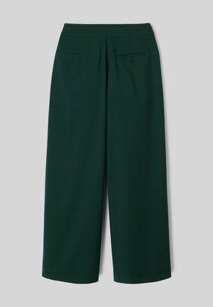 Pantalon large vert foncé taille haute avec deux poches passepoilées à l’arrière, présenté sur un fond gris clair.